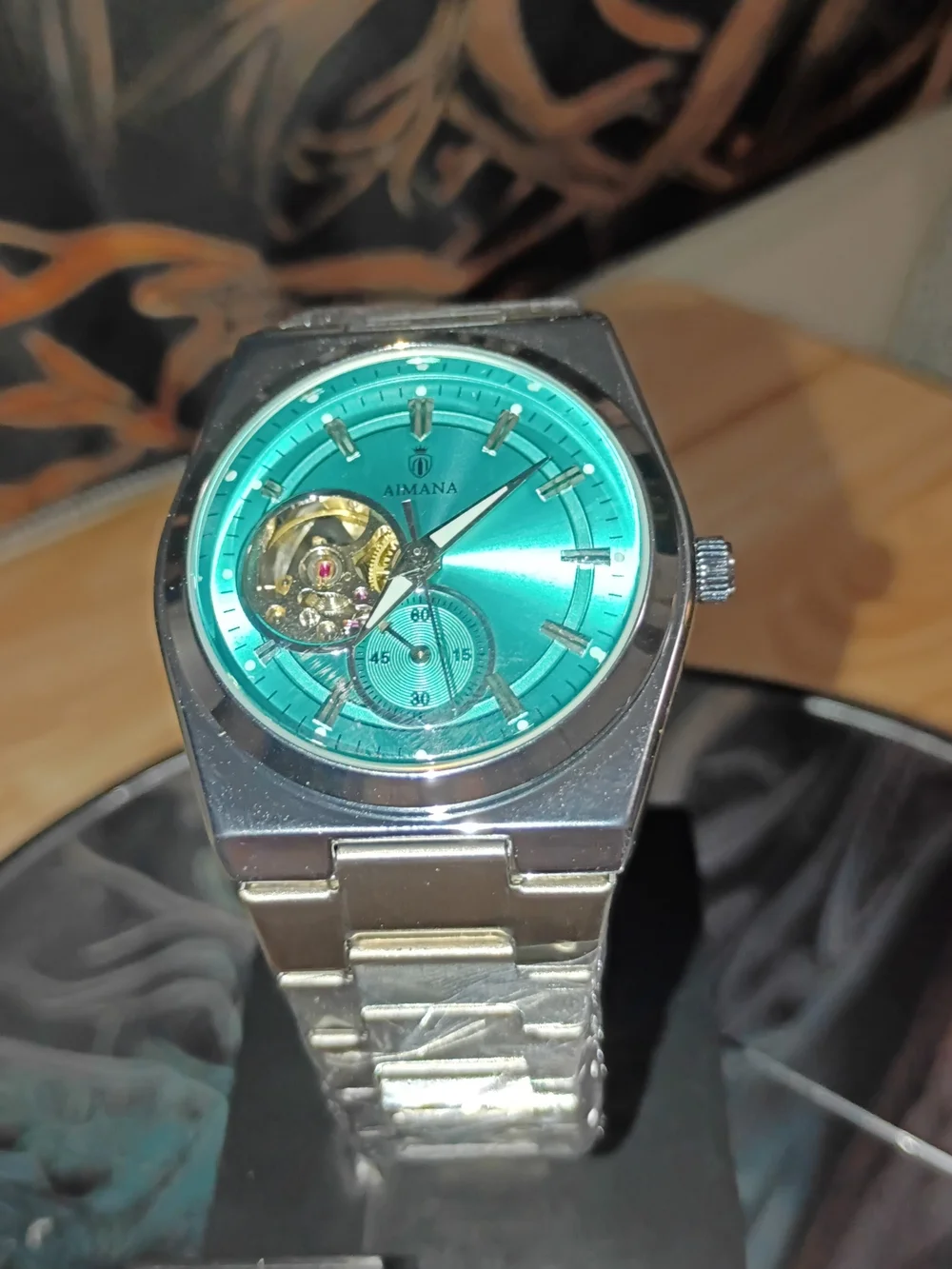 Men's Turquoise Open-Heart Stainless Steel Watch